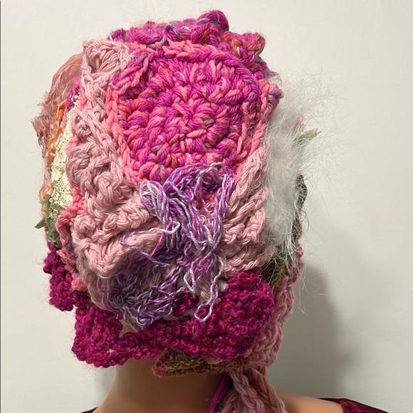 Handmade Exclusive Artwork  Freeform Crochet Winter Hat with Fluffy Accents